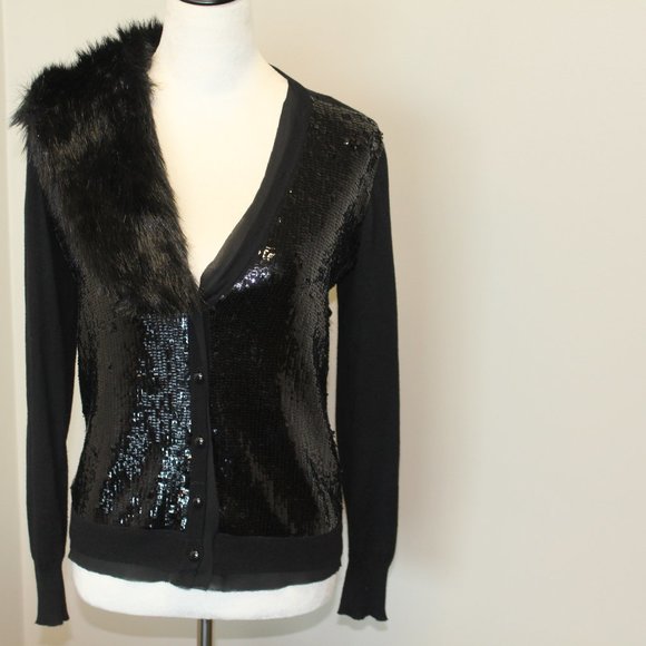 Jones New York, Wool Blend Faux Fur Sequin Button Front Black Sweater, PS - Picture 7 of 11